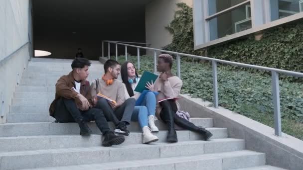 Zoom View Young Woman Explaining Data Multiracial Classmates While Sitting — Vídeo de Stock
