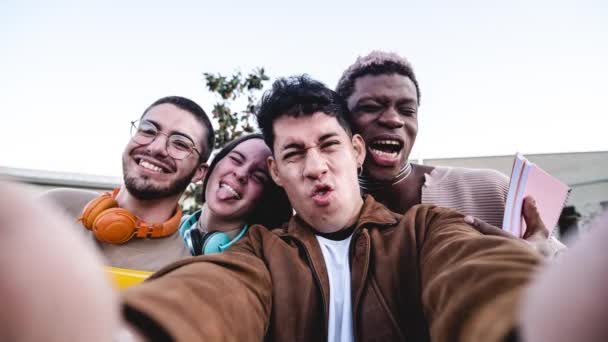Stop Motion Group Cheerful Multiracial Students Making Faces Taking Selfie — Stockvideo