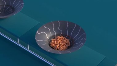 4K 3D animasyon. Renkli tabaklara düşen spagettinin döngülü animasyon videosu. Tatmin edici video konsepti.