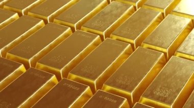 Sağa doğru yavaş çekim yüksek açı 3D canlandırma döngüsü birçok parlak altın çubukları sırayla bir araya konur