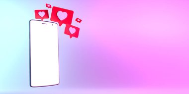 Kırmızı konuşma baloncukları, renkli arkaplana karşı boş ekran ile cep telefonunun yanında yükselen semboller gibi. 3d hazırlayıcı