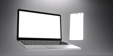 Gri arkaplana karşı yükselen boş ekranlı modern netbook ve cep telefonunun 3B çizimi
