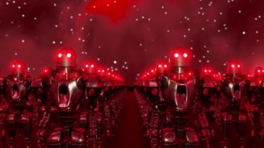 Karanlık gece gökyüzünün altında parıldayan neon gözlü robotlardan oluşan 3D animasyon döngüsü. Robotlar insanlara düşman oldu.