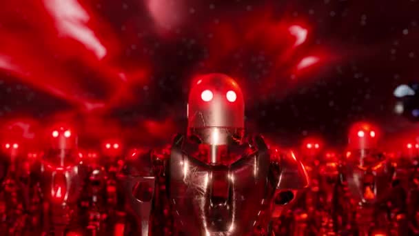 Animation Loop Futuristic Army Robots Glowing Neon Eyes Walking Dark — Stock Video