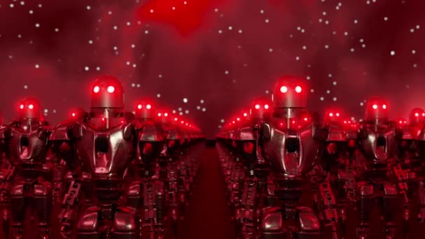 Animation Loop Futuristic Army Robots Glowing Neon Eyes Standing Dark — Stock Video