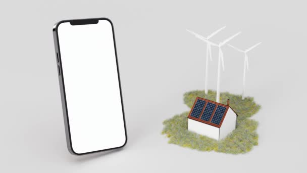 ソーラーパネルと風力発電所を備えたおもちゃの家の近くの白い背景に空の画面でモックアップ現代のスマートフォンの3Dアニメーション — ストック動画