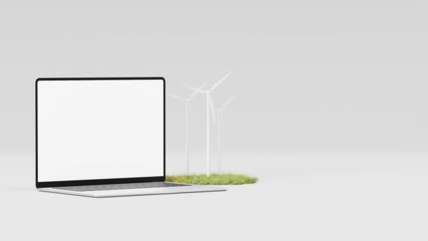 3Dアニメーションノートパソコンのモックアップコピースペースと白い背景に草を咲かせる風力タービンの近くの空白の画面 — ストック動画