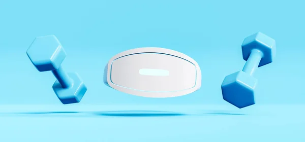 3D illustration of futuristic VR headset and pair of dumbbells for online fitness training placed against blue background