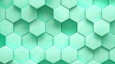 3D animation loop of geometric background of wall made of blue hexagons pulsing and moving in synchrony
