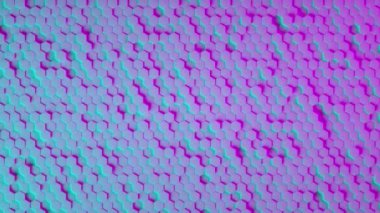 3D animation loop purple dynamic textured hexagon shaped wall with green neon illumination pulsing as abstract background