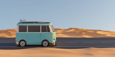 Generative AI illustration of vintage blue van driving on asphalt road near sandy dunes on sunny day