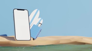 3D animation of cellphone mock up placed on sand near suitcases and surfboards against white background