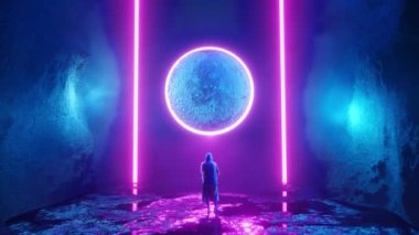 Zoom in 3D render animation of person in hooded coat admiring futuristic planet with purple neon ring. Sci-fi scene