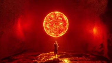 Zoom in 3D render animation of explorer admiring planet with burning surface while travelling through space