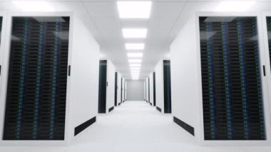 Spacious and white server room of a futuristic data center 3d animation