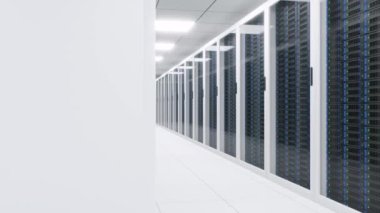 Modern light server room with long corridor between server racks locked behind glass doors