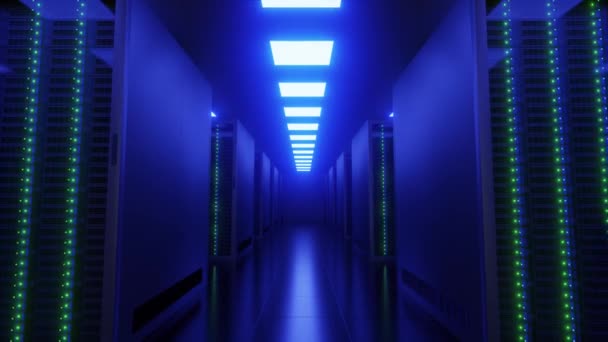 Server Kamer Interieur Met Blauwe Lichten Datacenter Animatie — Stockvideo