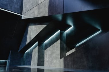 Gri ve koyu mavi mermer kaplamalı aydınlatma ile inşa edilmiş üç boyutlu boş sergi salonu.