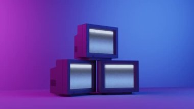 Real time pan around of vintage televisions with interference against purple and blue neon illumination in dark studio