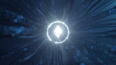 Parlak mavi aydınlatıcı ethereum logosunun üç boyutlu canlandırması soyut arkaplan kavramı kripto para ve ekonomi