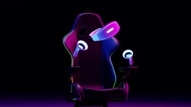 Gamer chair next to virtual reality goggles floating on dark background with neon lights. 3d animation loop