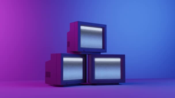 Real Time Pan Vintage Televisions Interference Purple Blue Neon Illumination — Video Stock