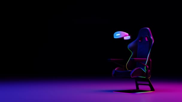 Gamer Chair Next Virtual Reality Goggles Floating Dark Background Neon — Video