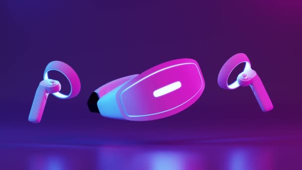Animación Lazo Gafas Controladores Modernos Iluminados Con Luz Neón Levitando — Vídeo de stock