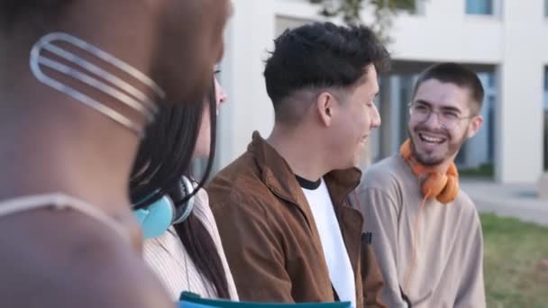 Slow Motion Video Multiethnic Group Friends Transgender Person Smiling Talking — Vídeo de Stock