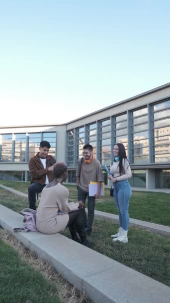 Vertical Slow Motion Video Multiethnic Group Students Circle Talking University — 图库视频影像