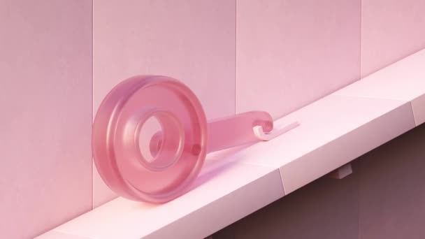 一个易碎的3D渲染动画粉色透明轴承旋转和爬升 蓝色背景 — 图库视频影像