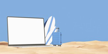 Diz üstü bilgisayarın 3 boyutlu canlandırması, mavi arka planda, bavulların ve sörf tahtalarının yakınındaki kumlara yerleştirilmiş maketler.