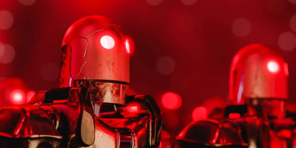 Червоні Хромовані Роботи Неоновими Світлими Очима Ілюстрація — стокове фото