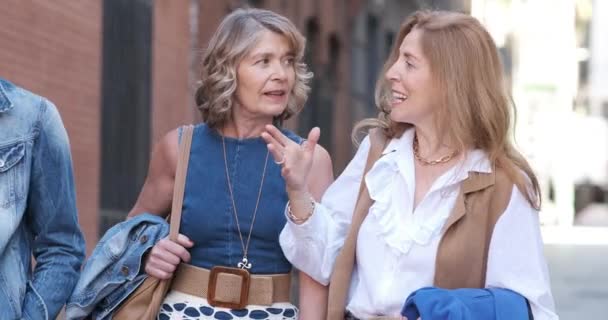 Vídeo Câmera Lenta Três Pessoas Maduras Elegantes Conversando Rua — Vídeo de Stock