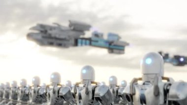 3d animation loop with side view of crowd of similar robots walking under spaceship flying in cloudy sunset sky