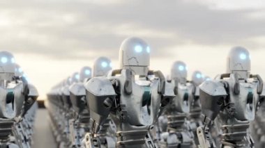 3D animasyon, birbirine yakın parlayan gözlere sahip benzer robot dizileri.