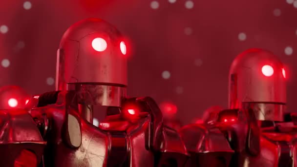 Animation Loop Futuristic Army Robots Glowing Neon Eyes Walking Dark — Stok video
