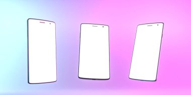 Renkli arka plana karşı boş ekranla yükselen üç akıllı telefon. 3d hazırlayıcı