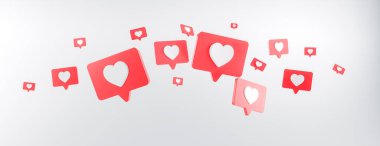 Sosyal medya, beyaz arka planda izole edilmiş kırmızı yuvarlak kare raptiyeli kalp ikonu gibi aşkı bildirir. 3d hazırlayıcı