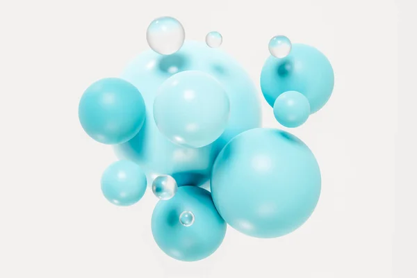 白い背景に浮かぶ透明な泡と青い球の3Dイラスト — ストック写真