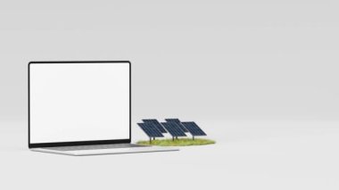 Dizüstü bilgisayarın 3 boyutlu animasyonu, beyaz arkaplana karşı fotovoltaik paneller ile çiçek açan çimlerin yakınındaki boş ekran ile taklit ediliyor.