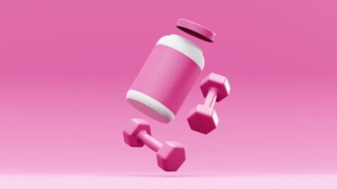 3D rendering of barbells with jar of protein supplement nutrition levitating against pink background