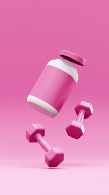 3D rendering of barbells with jar of protein supplement nutrition levitating against pink background