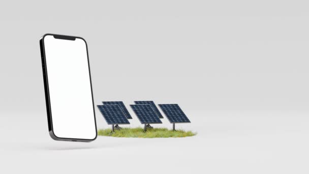 白い背景に太陽光発電パネルと草の花のパッチの近くに位置し 空白の画面でスマートフォンのモックアップの3Dアニメーション — ストック動画