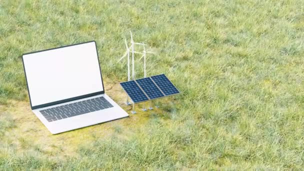 3D动画现代笔记本电脑显示屏 在接近太阳能电池板的草坪背景下 屏幕空旷 — 图库视频影像