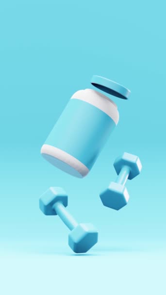 Rendering Barbells Jar Protein Supplement Nutrition Levitating Blue Background — Vídeo de Stock