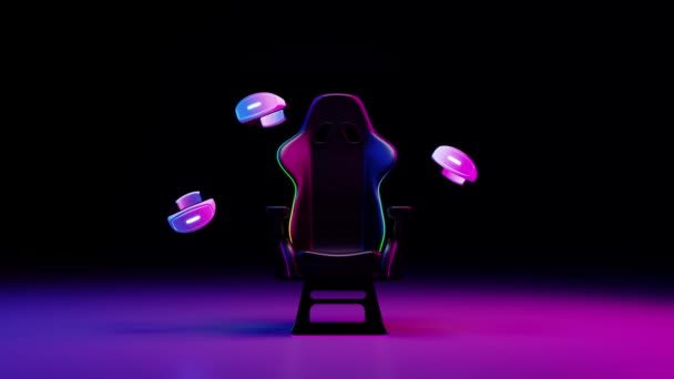 Gamer Chair Next Virtual Reality Goggles Floating Dark Background Neon — Vídeos de Stock