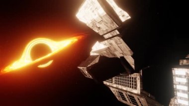 3D animasyon. Parlayan neon lambalı büyük uzay aracı. Evrende parlayan kara deliğe doğru uçuyor.