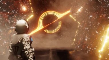 3D animation of cosmonaut observing bright black hole from futuristic spaceship during flight through open space