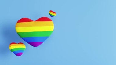 Boş arkaplan ile mavi zemin üzerinde yükselen çok renkli LGBT kalplerinin 3B görüntülenmesi